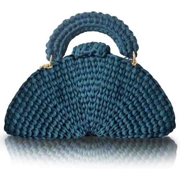 Women's Crochet Handmade Small Evening Formal Flap Blue Crossbody Clutch Bag - Picture 1 of 6